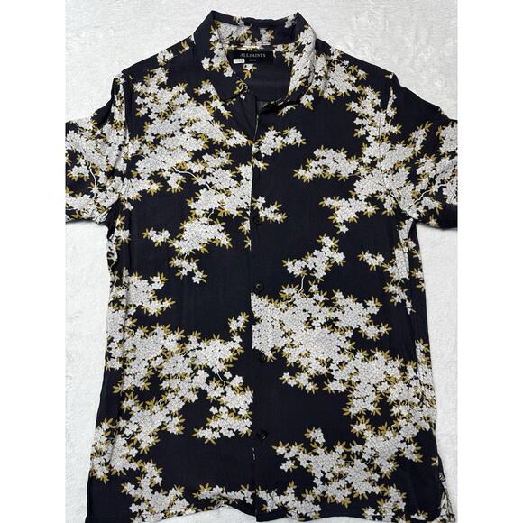 AllSaints Coal Black Ivory Bloom Floral Shirt Honey Leaf Resort Style Mens SZ S - Picture 2 of 12